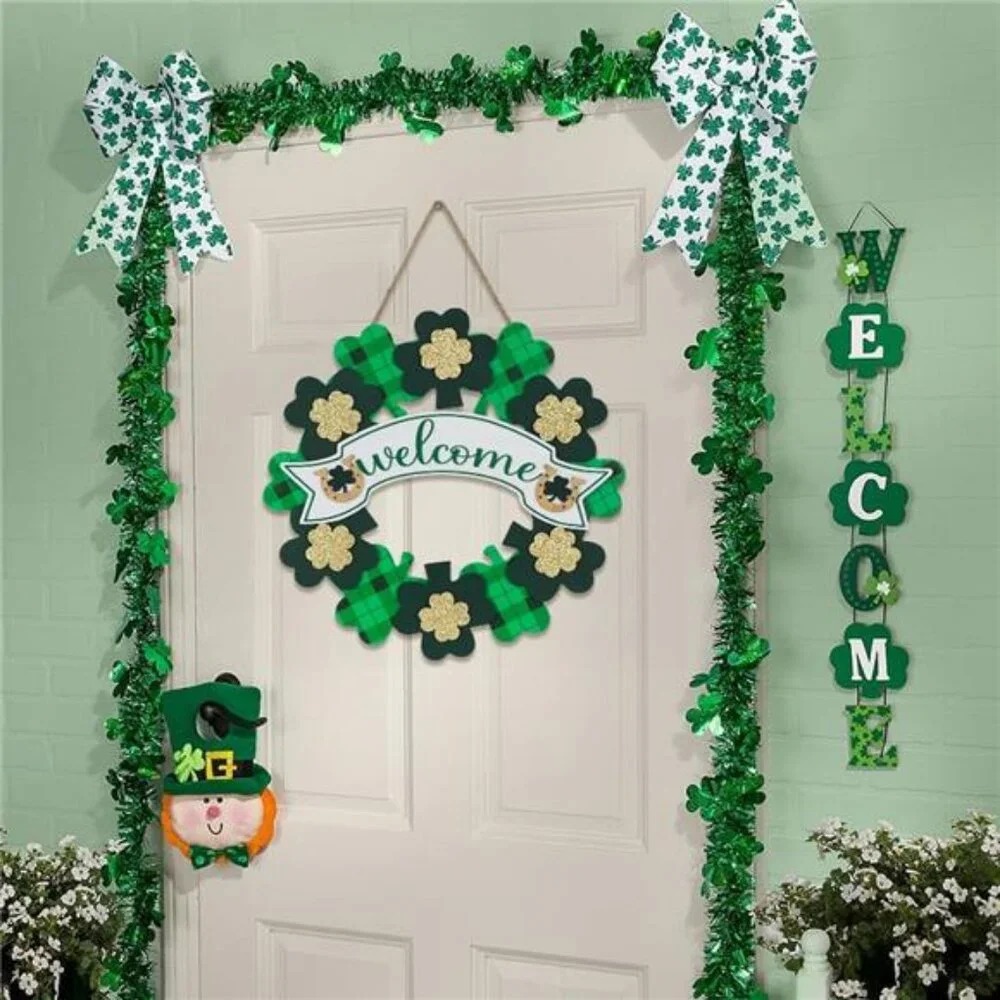 St Patricks Day Decorations, Wood Shamrock Hanging Welcome Wall Sign,